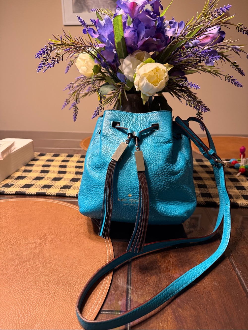 kate spade turquoise pebbled leather drawstring crossbody bag